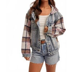 NEW HEM & THREAD brushed plaid contrast hooded jacket in denim/pink